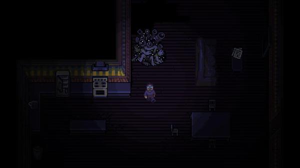 Screenshot from the game Look Outside showing a dimly lit room with a monster, furniture, and a character standing in the center.