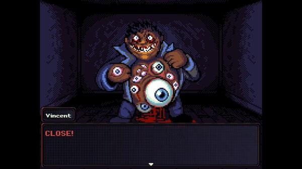 Screenshot from 'Look Outside' showing Vincent, a sinister character with multiple eyes on his chest, in a dark room.