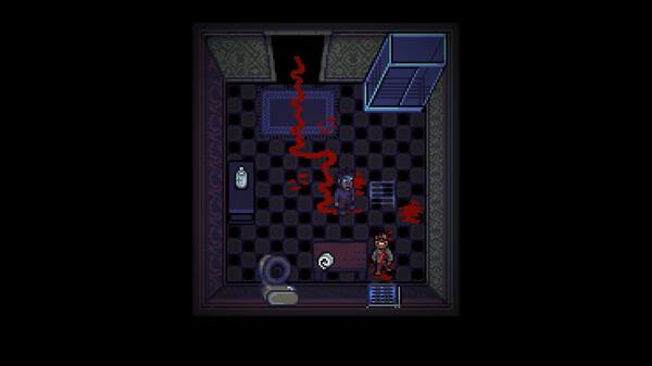 A screenshot from the game Look Outside shows a dimly lit, pixel-art bathroom with red smoke and a character standing inside.