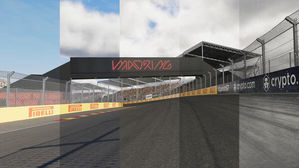 Screenshot from F1 25 showing a racetrack with a branded arch and clear sky, emphasizing the game's realistic graphics.