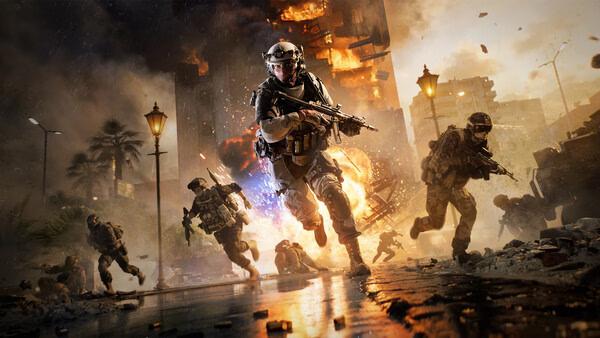 Battlefield 6 screenshot: Soldiers in combat gear run through a war-torn street with explosions and debris in the background.