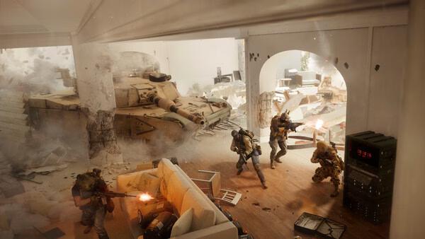 Battlefield 6 screenshot: Soldiers engage in combat inside a damaged building, with a tank visible through a large hole.