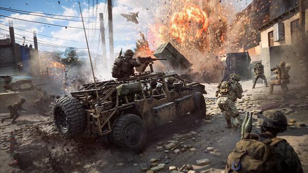 Battlefield 6 screenshot: Soldiers engage in combat amidst explosions and debris, with an armored vehicle in the foreground.