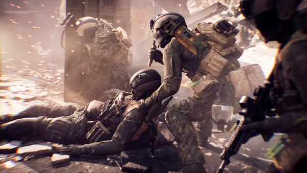 Battlefield 6 screenshot: Soldiers in tactical gear assist an injured comrade amidst a war-torn urban battlefield.