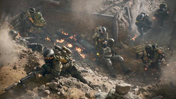 Battlefield 6 screenshot: Soldiers in tactical gear navigate a fiery battlefield trench, amidst smoke and debris.