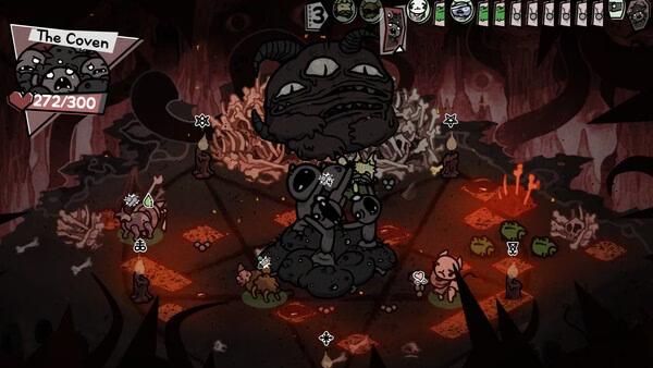 Screenshot of Mewgenics showing a battle against The Coven. A large creature is surrounded by smaller enemies on a dark, eerie stage.