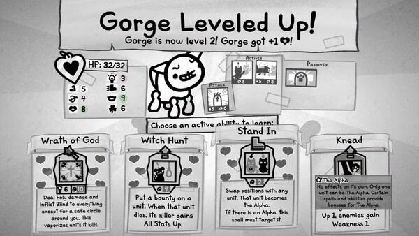 Mewgenics screenshot: Character Gorge has leveled up, showing heart points and various active abilities on the screen.