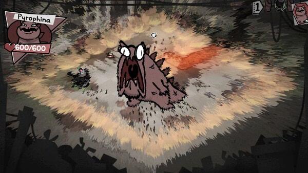 Screenshot from Mewgenics showing a large, cartoonish creature with spikes and an open mouth in a burst of color.