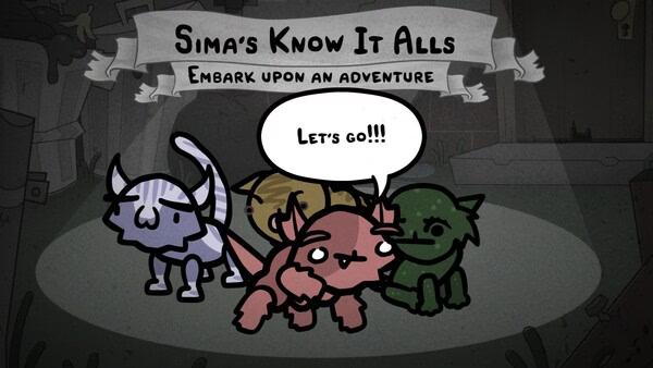 Mewgenics screenshot: Three colorful feline characters with speech bubbles prepare for an adventure under a banner reading "Sima's Know It Alls."