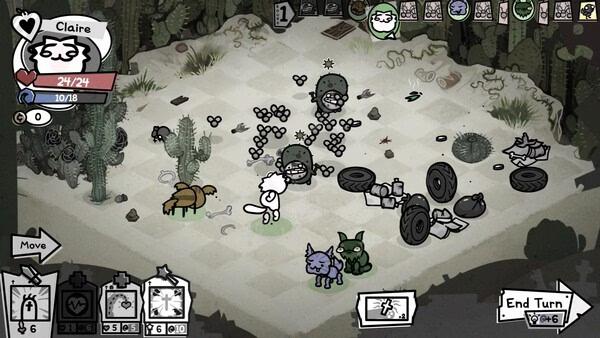 Screenshot from Mewgenics showing a tactical grid with cats and enemies, surrounded by desert cacti and scattered objects.