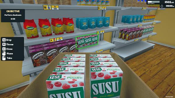 Supermarket Simulator screenshot: Box of Susu cereal in foreground, store shelves with various cereal boxes and drinks visible.