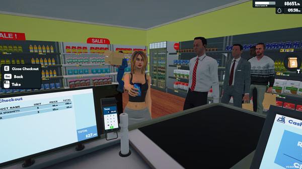 Screenshot of Supermarket Simulator showing a cashier scanning items while customers wait in line at the checkout counter.