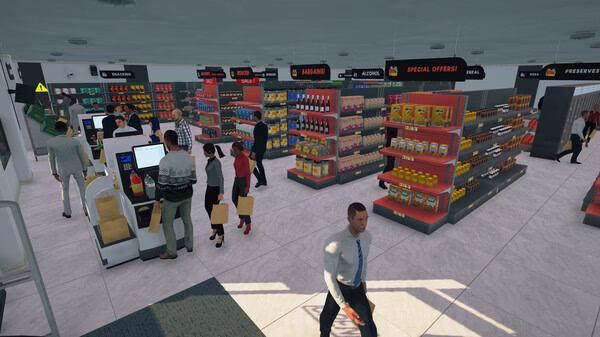 Screenshot of Supermarket Simulator showing customers shopping in aisles and at self-checkout stations in a bright store interior.