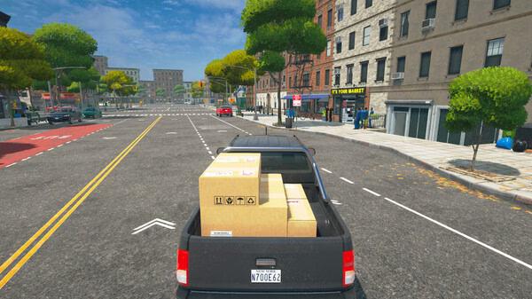 A screenshot from Supermarket Simulator showing a pickup truck loaded with boxes driving through a city street.
