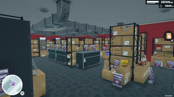 Screenshot from Supermarket Simulator showing a storage room filled with shelves and stacks of cardboard boxes under ceiling ducts.