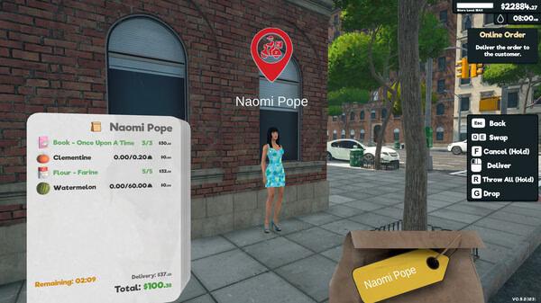 Screenshot from Supermarket Simulator shows a character, Naomi Pope, standing outside with a list of items to deliver.