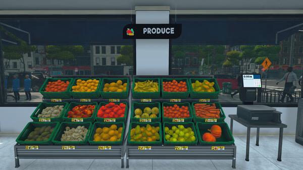 Supermarket Simulator screenshot: A neatly organized produce section with various fruits and vegetables on display.