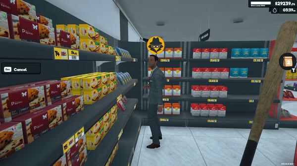 Screenshot from Supermarket Simulator: A man in a suit browses cereal boxes in an aisle, with a shopping basket icon above his head.