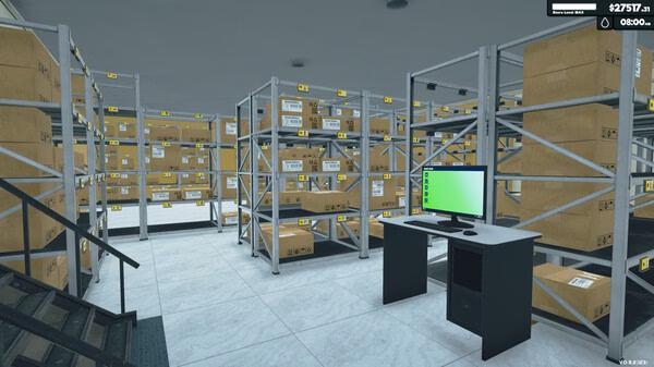 Supermarket Simulator screenshot: A warehouse scene with shelves full of boxes and a desk featuring a computer monitor.