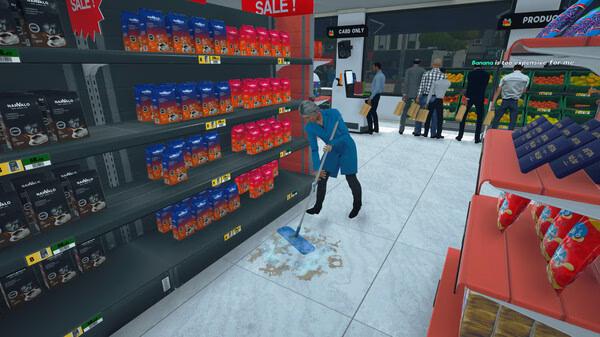 Screenshot from Supermarket Simulator: A person mopping the floor near shelves stocked with coffee products labeled as 'Sale!'.