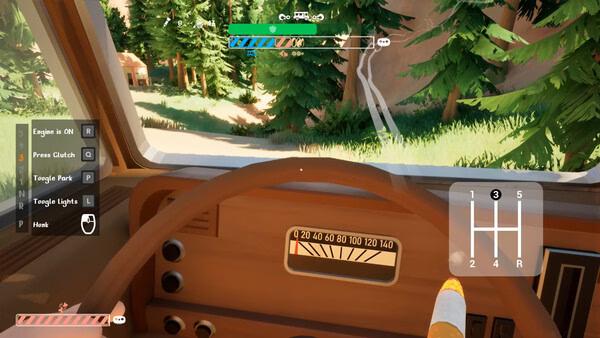 Screenshot from 'RV There Yet?' showing the interior dashboard view of an RV driving through a forested road.
