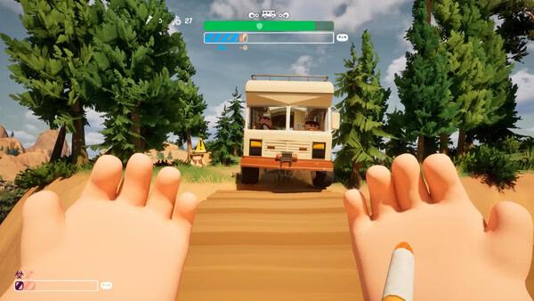 Screenshot from 'RV There Yet?' showing hands reaching toward an RV on a dirt path surrounded by trees and a sunny sky.