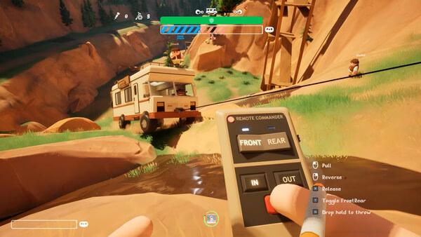 Screenshot from "RV There Yet?" showing a player controlling an RV remotely across a rocky terrain using a handheld device.