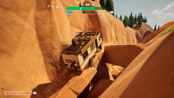 Screenshot of 'RV There Yet?' shows an RV precariously crossing a narrow rock bridge with a deer on its roof.