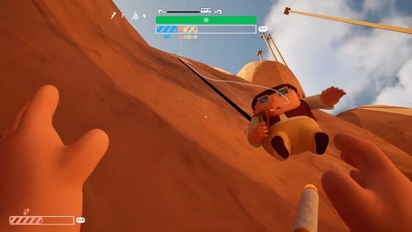 Screenshot from 'RV There Yet?' showing hands reaching toward a skydiving character against a desert backdrop.
