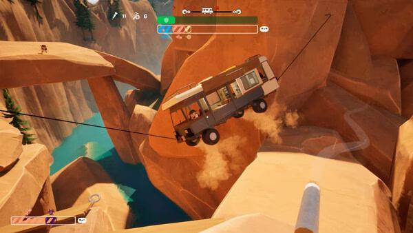 Screenshot from 'RV There Yet?': An RV suspended on ropes above a canyon, with game stats displayed at the top.