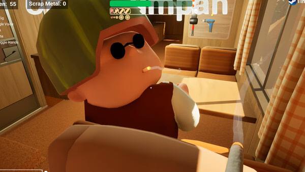 Screenshot from the game 'RV There Yet?' showing a character wearing a green helmet and sunglasses inside an RV.