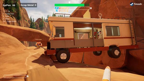Screenshot from "RV There Yet?" showing an RV suspended on canyon rocks, with a character nearby and game UI visible.