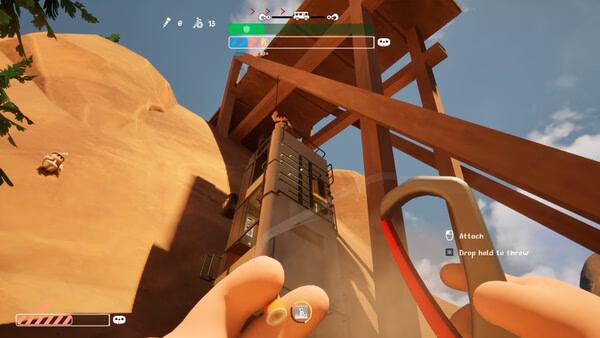 Screenshot from "RV There Yet?" showing a player climbing a ladder under a wooden structure in a rocky, desert landscape.