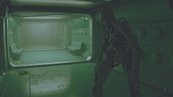 A screenshot from ROUTINE showing a dimly lit sci-fi hallway with a humanoid robot standing near the entrance.