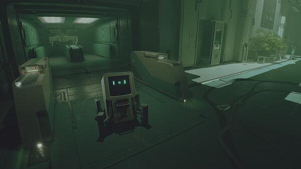 ROUTINE screenshot: A robot with glowing eyes stands in a dimly lit corridor, surrounded by futuristic walls and machinery.