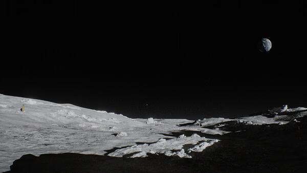 Screenshot from ROUTINE showing a barren lunar landscape with distant structures under a dark sky and Earth visible in the background.