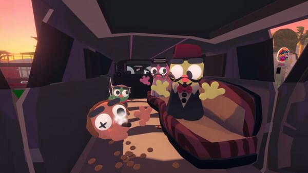 Screenshot from Gamble With Your Friends showing cartoon characters in a limousine with coins scattered on the floor.