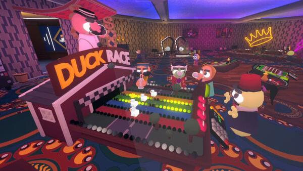 Screenshot of Gamble With Your Friends showing players gathered around a colorful 'Duck Race' game in a vibrant casino setting.