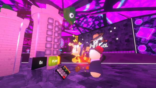 Screenshot from Gamble With Your Friends showing a character in a hat near a glowing machine in a vibrant, neon-lit room.
