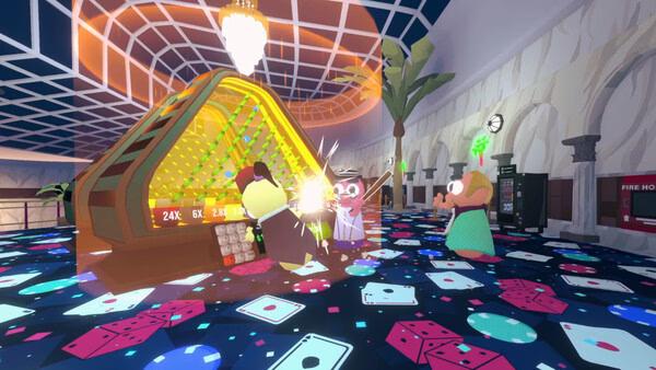 Screenshot from "Gamble With Your Friends" showing characters at a casino roulette table with colorful chips and cards on the floor.