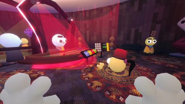 Screenshot from Gamble With Your Friends showing cartoon characters in a casino setting with colorful dice and a card table.