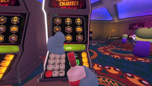 Screenshot from Gamble With Your Friends: a player holds a drink while using a slot machine with symbols and a spin button.