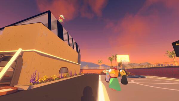 Screenshot from "Gamble With Your Friends" shows players near a basketball court at sunset, with one character on a building roof.