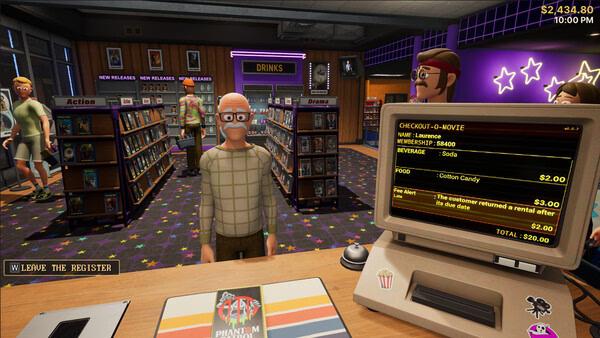 Screenshot of Retro Rewind - Video Store Simulator showing a clerk at the register, customers browsing shelves, and a checkout screen.
