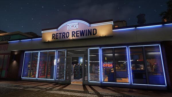 Screenshot of Retro Rewind - Video Store Simulator showing the store's illuminated facade at night.