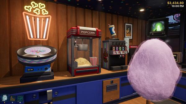 Screenshot of Retro Rewind - Video Store Simulator showing a snack bar with popcorn machine, cotton candy, and soda dispenser.