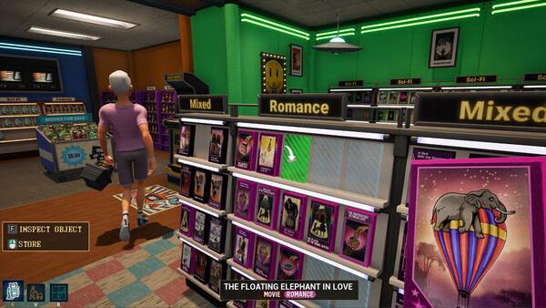 Screenshot from Retro Rewind - Video Store Simulator shows a character browsing the Romance section with colorful VHS covers.