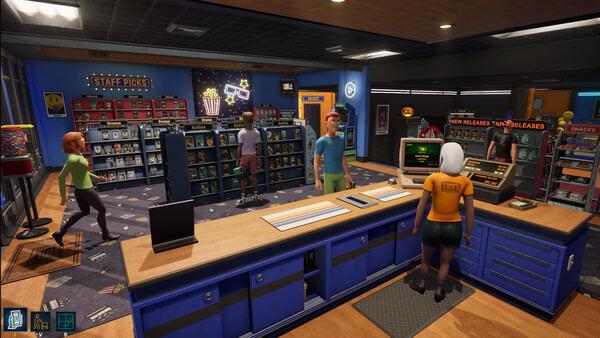 Screenshot from Retro Rewind - Video Store Simulator: A busy store with staff and customers browsing shelves filled with retro movies.