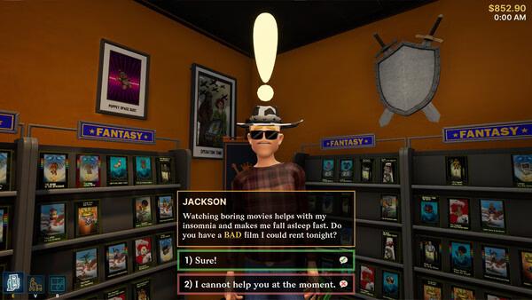 Screenshot from Retro Rewind - Video Store Simulator: A customer with a cowboy hat asks for movie recommendations in the Fantasy section.