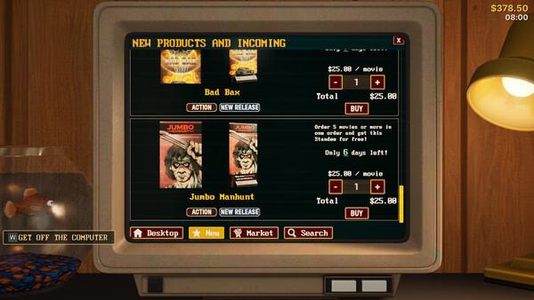 Retro Rewind - Video Store Simulator screenshot: A CRT monitor displays movie listings, prices, and purchase options in a retro interface.